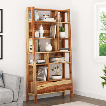 Alta Rustic Solid Wood 10 Open Shelf Leaning Ladder Bookcase w Drawer