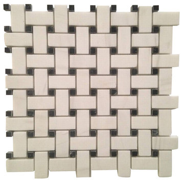 Basket Weave With Black Dot Honed Tile, Bianco Dolomite 12"x12"