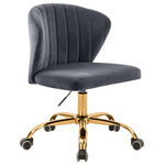 Meridian Furniture - Finley Swivel and Adjustable Velvet Upholstered Office Chair, Gray, Gold Base - Count on the Finley Velvet Office Chair to give them something to talk about around the water cooler. This beautiful office chair has a svelte seashell-inspired back that's channel tufted for sumptuously inviting look and added comfort to help you get through those long hours chained to your desk. Reward yourself for the VIP you are with this chair that's upholstered in soft grey velvet that feels luxurious against the skin no matter how hard you work. The rich gold base features five casters to make it easy to roll from your workstation to the printer, and this swiveling chair's adjustable for added comfort.
