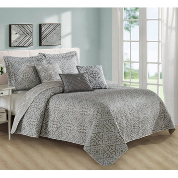 Bellamy Printed Quilted 6-Piece Bed Spread Set, Light Brown/Taupe, Queen