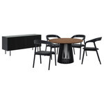 Armen Living - Pasadena Apache 6-Piece Round Dining Set, Buffet Black Oak and Walnut Finish - Introducing the Pasadena Apache 6 Piece Round Dining Set. This set includes the 1 Pasadena round dining table and 4 Apache dining chairs, and 1 Pasadena 4 Door Wood Buffet Cabinet with Black Oak Finish. Crafted with meticulous attention to detail, the round shape of the table brings a touch of sophistication, creating a dynamic focal point for gatherings in your dining room. The compact 47-inch size makes it an ideal choice for those seeking a small dining table without compromising on style. Its versatility extends beyond the dining room, seamlessly integrating into kitchens as a modern kitchen table. The Apache chairs showcase a sophisticated blend of Black Oak Wood and Faux Leather, creating a sleek and timeless aesthetic. The upholstered dining chair design provides both comfort and style. Their contemporary design ensures they seamlessly integrate into various interior styles, elevating the ambiance of any space. The versatility of these chairs extends beyond the dining room; they make for stylish additions such as vanity chairs or accent pieces, enhancing the aesthetic appeal of any room. The retro allure of mid-century design is present in the slatted paneling on the column structure of the pedestal base, further elevating its appeal, whilst lending its unmistakable character and attractive, architectural-like quality. The buffet is a seamless blend of form and utility. The four-door design opens to reveal ample storage space with two levels of shelves. Two matching wooden shelves are included, offering an elegant display area for showcasing your cherished dinnerware or decorative items. The shelves are adjustable to 3 available heights, allowing you to customize the interior to accommodate items of various sizes. Use it as a stylish sideboard, an entry cabinet that welcomes guests with its polished charm, or a versatile storage cabinet in the kitchen. Each piece of this 6-piece dining set offers multifunctional appeal and due to the craftsmanship and quality materials it&rsquo;s comprised of it can be enjoyed for many years to come. The Pasadena Apache 6 Piece Round Dining Set comes complete with the Apache Black Oak Wood and Faux Leather Dining Chairs, the Pasadena 4 Door Wood Buffet Cabinet with Black Oak Finish, and one of 2 different color variations for the Pasadena table. This round dining table is available in an all-black oak finish or a walnut tabletop finish with a black base to suit any room.