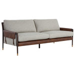 Sunpan - Mauti Sofa - With influence from vintage design, this sofa evokes a charming and rustic mid-century appeal. Upholstered in vault fog performance fabric with accenting bravo cognac faux leather. Features dual buckle flap detailing on the armrests and completed with a brown solid oak wood frame with gold finished metal foot caps. Performance fabric is moisture repellent, durable and easy to clean. Handle With Care: This design has been crafted with faux leather. Faux leather is manufactured to reflect the natural characteristics of leather; as such, colour variations, markings wrinkles, grooves, and light scratches are appreciated characteristics. No two pieces will be alike. Visit our Product Care page for more information on how to ensure the lasting beauty of this piece.