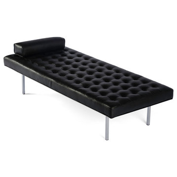 Retro, Modern Tufted Genuine Leather Lounge Chaise, Black
