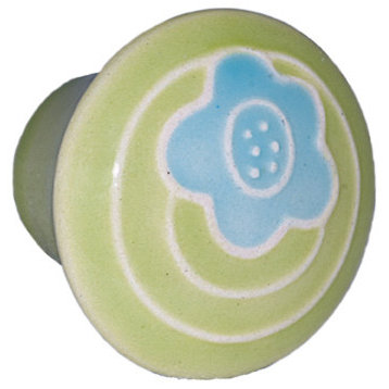 Round Ceramic Flower Knob, Blue and Green