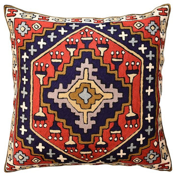 Tribal Kilim Aztec Red Navy II Pillow Cover Handembroidered Wool, 18x18"