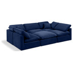 Meridian Furniture - Indulge Upholstered Modular U-Shaped Sectional, Navy, 6-Piece: 3 Armless Chair, 2 Corner Chair, 1 Ottoman, Down Stuffed Velvet - Experience ultimate comfort and style with our navy velvet Indulge Sectional. The luxurious velvet will elevate the aesthetic of any room. This sofa provides ample space for you to relax while its modular build offers the option of unlimited configurations. Whether you're looking to add a stylish element to your living room or a comfortable seating option to your bedroom, this sofa is the perfect choice.