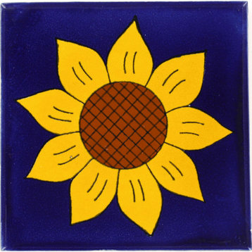 Tierra y Fuego Handmade Ceramic Tile, 4.25x4.25" Sunflower 1, Box of 45