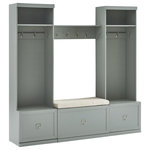 Crosley Furniture - Harper 4-Piece Entryway Set With Bench, Shelf, and 2 Hall Trees, Gray/Creme - The Harper 4pc Entryway Set offers a great combination of storage solutions for your foyer or mudroom. Double hooks throughout provide hanging storage for coats, hats, and bags. Full-extension drawers corral larger items. Tucked between the hall trees is an entryway bench with a cushioned seat and a wall-mounted shelf. Featuring label holder hardware, each storage drawer can be customized with personal labels. Every component of the Harper 4Pc Entryway Set is modular, allowing for flexibility and the look of genuine built-in storage.