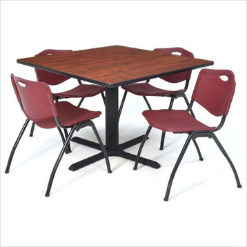 Cain 48" Square Breakroom Table, Cherry and 4 'M' Stack Chairs, Burgundy