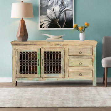 Winter White Iron Grill Reclaimed Wood Sideboard Cabinet