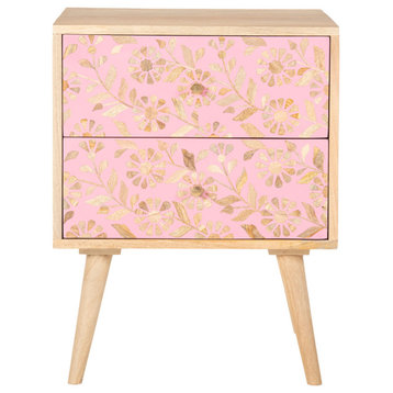Marin Mango Wood Side Table With Floral 2 Storage Drawers, Natural, Pink