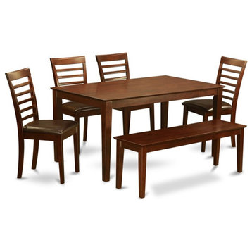 East West Furniture Capri 6-piece Wood Kitchen Set with Bench in Mahogany