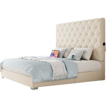 Platform Bed, Noise-Free Design With Tufted Headboard & USB Ports, Beige/Queen