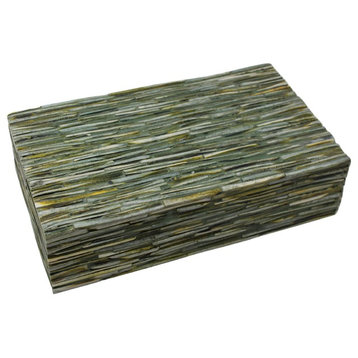 Elegant Natural Forest Green Tiled Decorative Box, 12" Inlaid Trinket Woodland