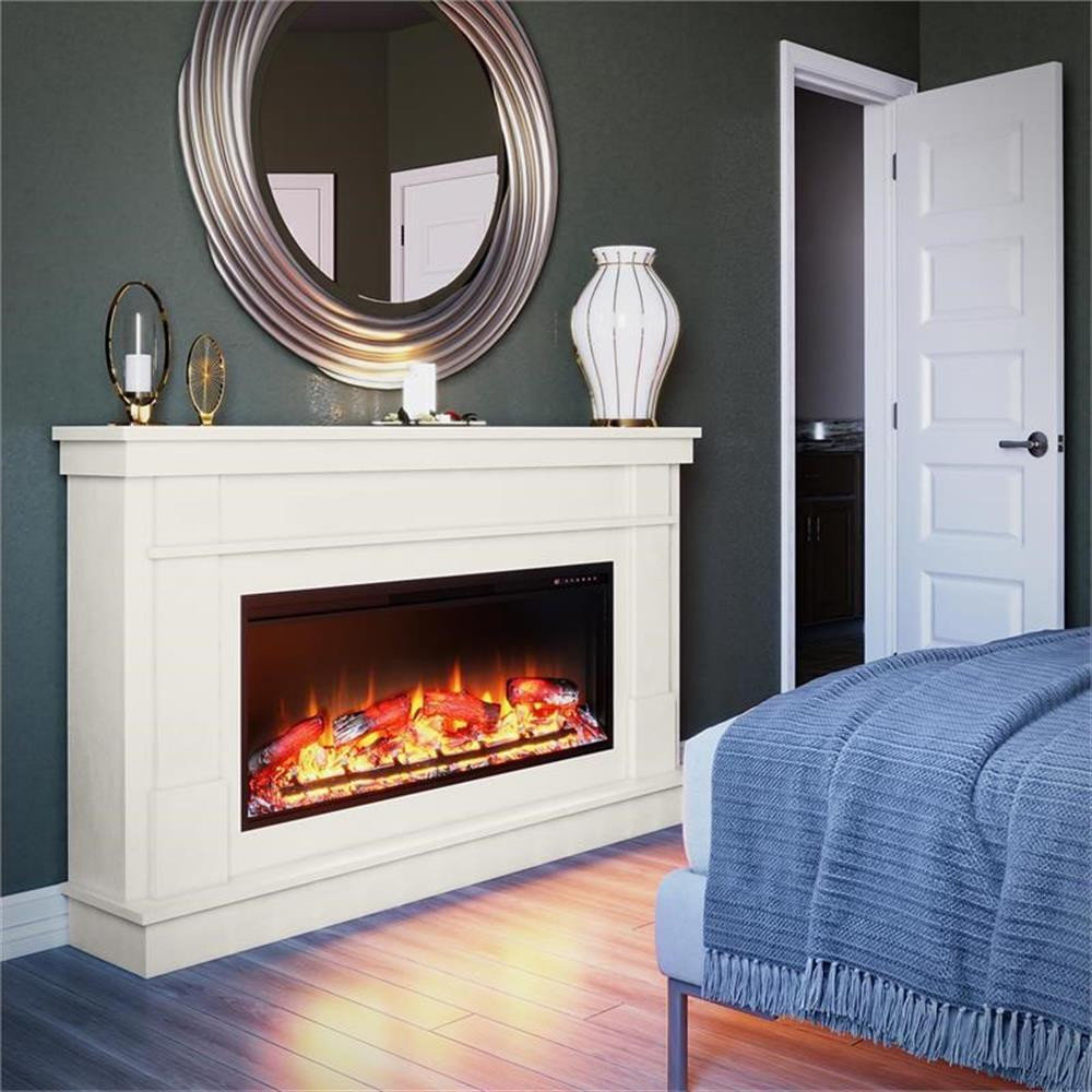 Ameriwood Home Elmcroft Wide Mantel with Linear Electric Fireplace in Plaster