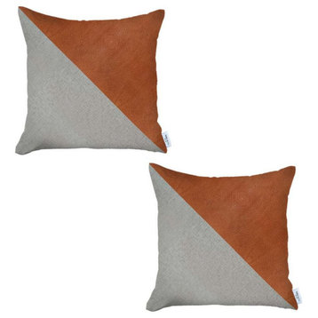 Set of 2 White And Faux Leather Lumbar Pillow Covers