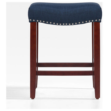 WestinTrends 24" Upholstered Saddle Seat Counter Height Stool, Bar Stool, Cherry/Navy Blue