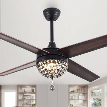 52" Crystal Ceiling Fan With LED Light, Reversible Blades, Remote Control, Black