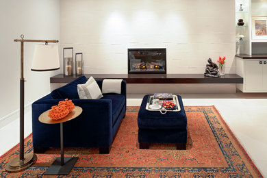 Mid-sized trendy underground white floor basement photo in New York with white walls and a standard fireplace