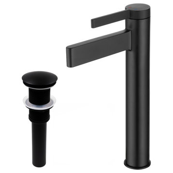Phia Single Lever Contemporary Modern Bathroom Vessel Faucet with Drain, Matte Black