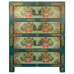 Distressed Teal Green Blue Flowers Graphic 4 Drawers End Table Nightstand cs7357S Distressed Teal Green Blue Flowers Graphic 4 Drawers End Table Nightstand cs7357S