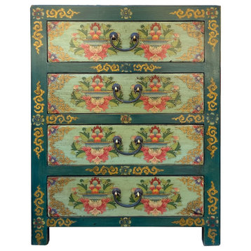 Distressed Teal Green Blue Flowers Graphic 4 Drawers End Table Nightstand cs7357