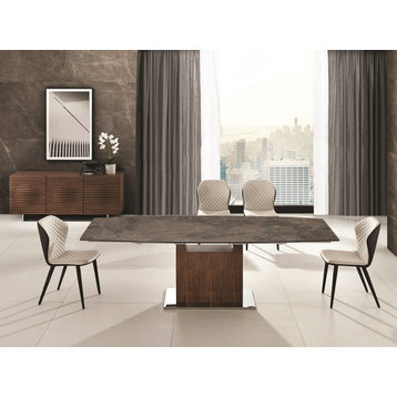 Olivia Manual Dining Table with Walnut Base and Brown Marbled Porcelain Top
