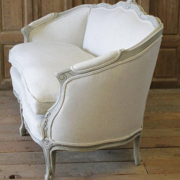 20th Century Carved and Painted Settee Upholstered in Belgian Linen