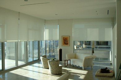 Mid-sized eclectic formal and open concept ceramic tile living room photo in Dallas with white walls, no fireplace and no tv