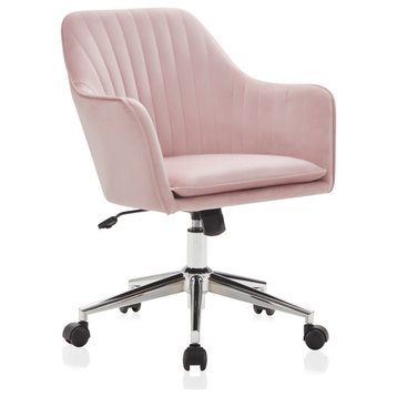 Modern Home Office Chair 360 Swivel, Tufted Velvet Desk Chair, Pink/Chrome