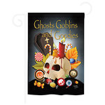 Breeze Decor - Halloween Ghosts Goblins And Goodies 2-Sided Impression Garden Flag - Size: 13 Inches By 18.5 Inches - With A 3" Pole Sleeve. All Weather Resistant Pro Guard Polyester Soft to the Touch Material. Designed to Hang Vertically. Double Sided - Reads Correctly on Both Sides. Original Artwork Licensed by Breeze Decor. Eco Friendly Procedures. Proudly Produced in the United States of America. Pole Not Included.