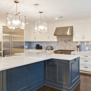 Transitional White and Blue Kitchen in Livingston, NJ.
