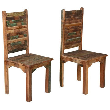 Rustic Distressed Reclaimed Wood Multi Color Dining Chairs Set of 2