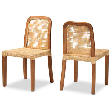 Cari 2-Piece Dining Chair Set, Natural Rattan & Walnut Finished Wood