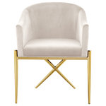 Meridian Furniture - Xavier Velvet Dining Chair, Cream, Gold Legs - Spread elegance and modernity to your dining room with this Xavier Cream Velvet Dining Chair from Meridian Furniture. This beautiful chair features a simple barrel seat with a plush cushion and back, ensuring that every meal is a comfortable one. The gold steel legs provide durable support while you sit, and an "X" leg in the back lends the chair an uber-modern vibe. Gold finishing on the base is sleek and chic, giving this chair a contemporary edge that's well at home in any modern dining room. Sleek cream velvet upholstery is durable and tough yet soft against your body, elevating meal times to a luxurious experience.