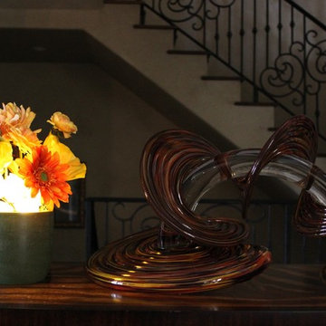 Here Comes the Sun - Bright Yellow and Orange Florals in Green Ceramic Vase