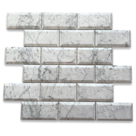 Carrara White Marble Subway Mosaic Tile Beveled Raised Angled Honed, 1 sheet