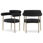 Meridian Furniture - Blake Upholstered Dining Chair, Black, Boucle Fabric, Brushed Brass, Set of 2 - Comfort comes to mealtime with this Blake boucle fabric dining chair. This lovely chair is just the right choice for your modern dining room, with its curved back that cradles you in comfort while you wine and dine the night away. A thickly padded soft lack vegan leather seat lends this chair a sleek, upscale look while ensuring its ongoing performance and beauty. The chair's brushed brass finish protects its all-metal iron frame.