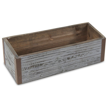 Gray Wash Wooden Rectangular Planter With Metal Corner Accents
