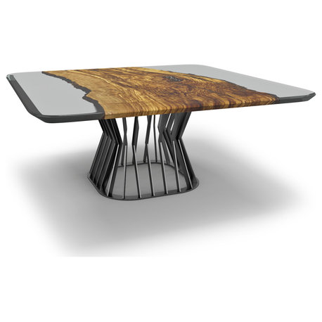 Egina Square Olive Dining Table, Light Smoked Top & Black Chrome Base, 12 Seater