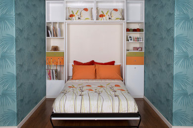 Example of a small eclectic guest dark wood floor bedroom design in Other with blue walls and no fireplace