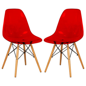 LeisureMod Dover Molded Side Chair, Set of 2 Transparent Red