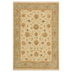 Bareens Designer Rugs - Shabby Chic Ziegler Duncan Ivory Blue Hand-Knotted Wool Rug - 3'11'' x 5'7'' - Enhance the ambiance of your home with this magnificent Persian-influenced Turkish hand-knotted rug made by skilled artisans capable of creating the most exceptional vegetable dyes and hand-spun wool. This exquisite handmade rug is a one-of-a-kind Peshawar Kafkaz, otherwise identified as Chobi, Chobi Peshawar, Oushak, or Ziegler rug. These handmade rugs are crafted in Pakistan utilizing superior-quality wool imported from Australia, New Zealand, and Korea in two types of weaves: the Persian weave and the Mori weave. This rug is meticulously crafted by hand using the finest natural vegetable dyes extracted from local plants. The artisans use a blend of hand-spun local and fine merino wool, resulting in a rug with a compelling texture, higher lanolin content, and longer staple. The artisans occasionally incorporate natural or artificial silk into the pile to enhance specific motifs. The finished product is an awe-inspiring execution of flawless design and an understated palette that exudes elegance.