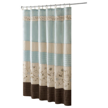 Madison Park Serene Faux Silk Embroidered Floral Shower Curtain, Blue