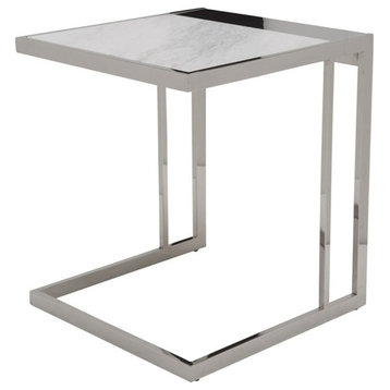 Nuevo Ethan Square Marble Top End Table in Silver and White
