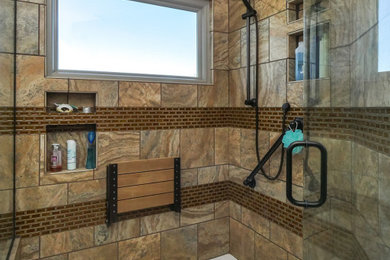 Large master multicolored tile and ceramic tile ceramic tile, multicolored floor, double-sink and vaulted ceiling corner shower photo in New York with a hot tub, a two-piece toilet, an undermount sink, quartz countertops, a hinged shower door, white countertops and a built-in vanity