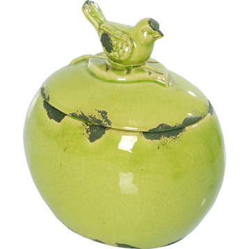 Bird Lidded Ceramic Jar, Green, 6.5"x5"x7"