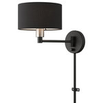Livex Lighting - Bainbridge 1-Light Black Swing Arm Wall Lamp - The one-light Bainbridge swing arm wall lamp is both modern and versatile. The hand-crafted black fabric hardback drum shade is set off by an inner white fabric which creates a versatile effect. Perfect fit for the living room, dining room, kitchen and bedroom.