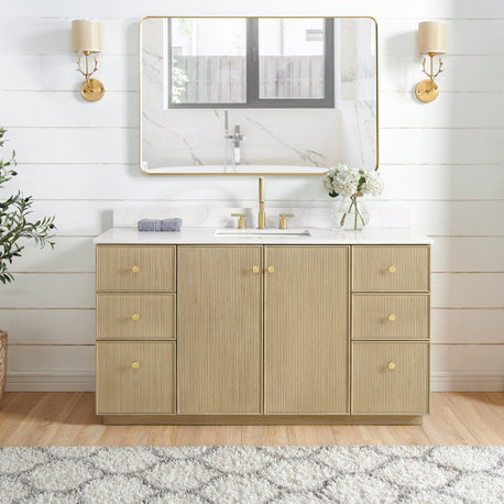 Oza Bath Vanity with Quartz Stone Top, Aged Natural Oak, 60", Single Vanity, No Mirror