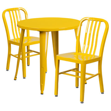 Flash Commercial Grade 30" Round Yellow Metal Table Set, 2 Vertical Slat Chairs